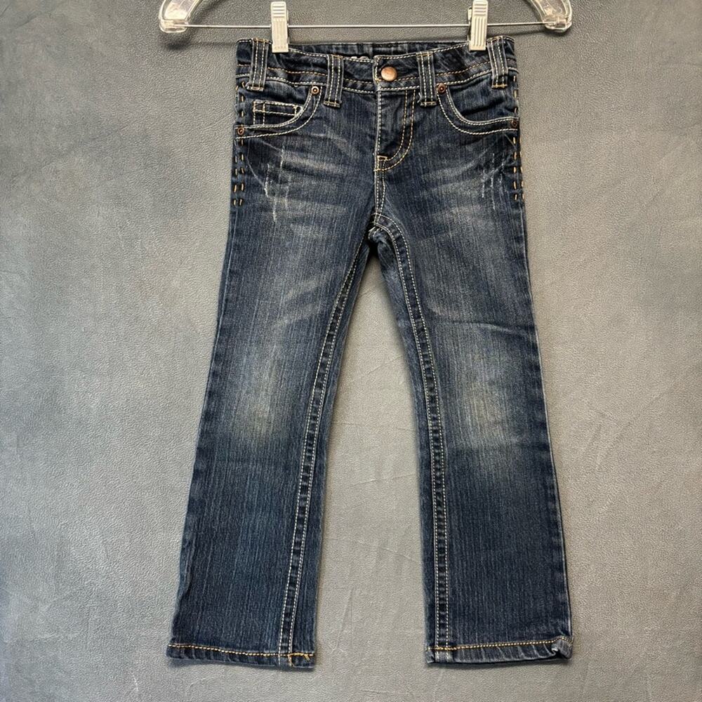 Mossimo Girls Dark Wash Bootcut Jeans Embroidered Pockets Contrast Stitching